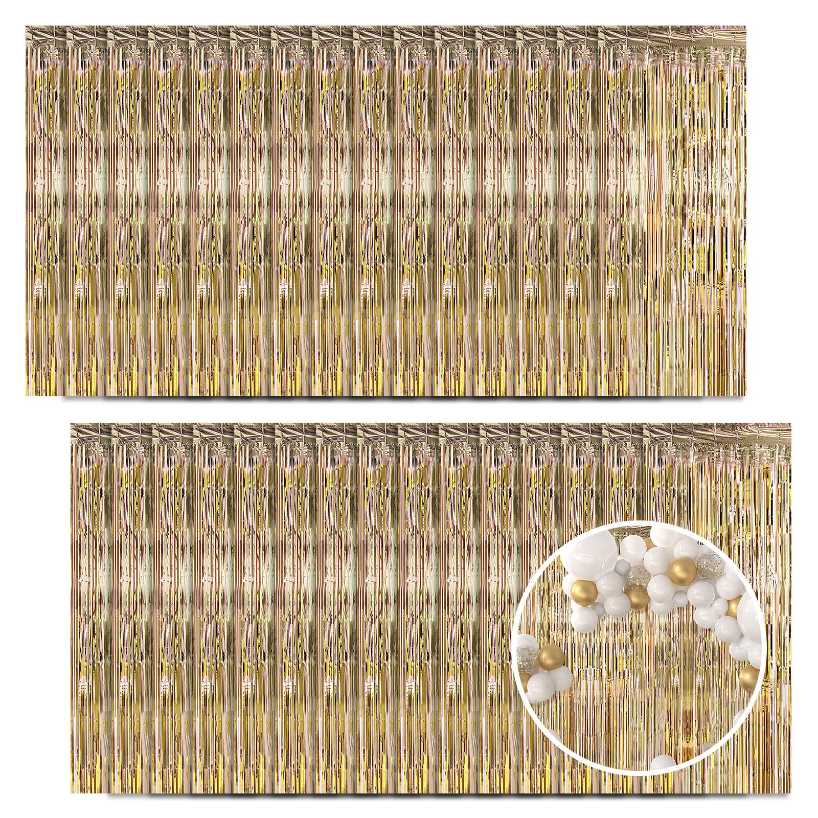 30 Pack Champagne Gold Foil Fringe Curtain Backdrop, 3.3x8.2 Feet Metallic Tinsel Streamer Curtains Photo Booth Props for Engagement/Wedding/Bridal Shower/New Year/Valentine's Day Party Decorations