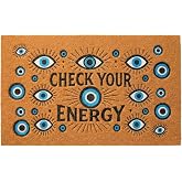 SAIONJI Check Your Energy Evil Eye Doormat, 30 x 18 Inch Witchy Welcome Mat | Waterproof faux coir mat with non-slip rubber backing, ideal for outdoor entrances, porches, apartments, and witchy decor.