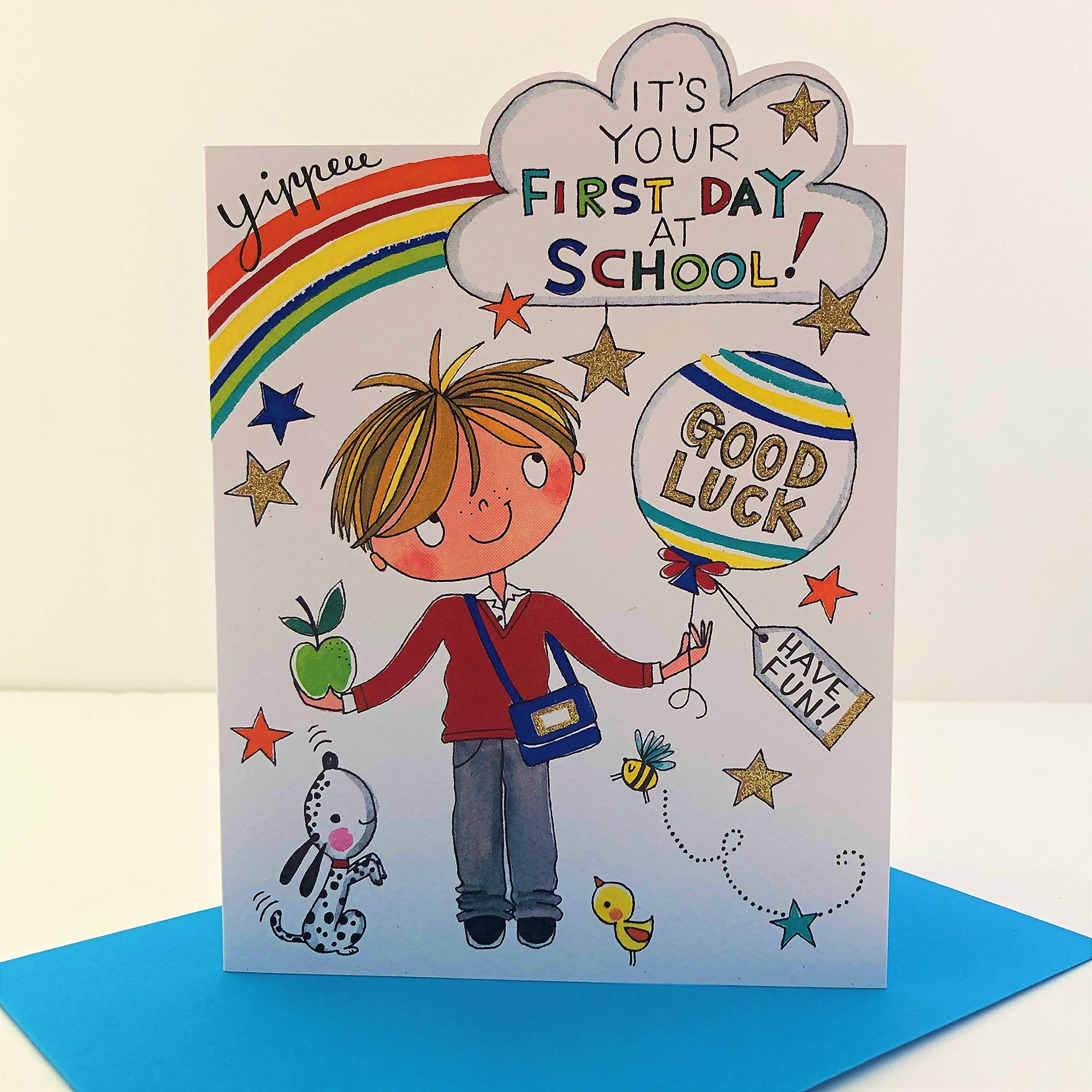 Rachel Ellen Boy It's Your First Day at School Good Luck Card - School Boy Balloon Dog