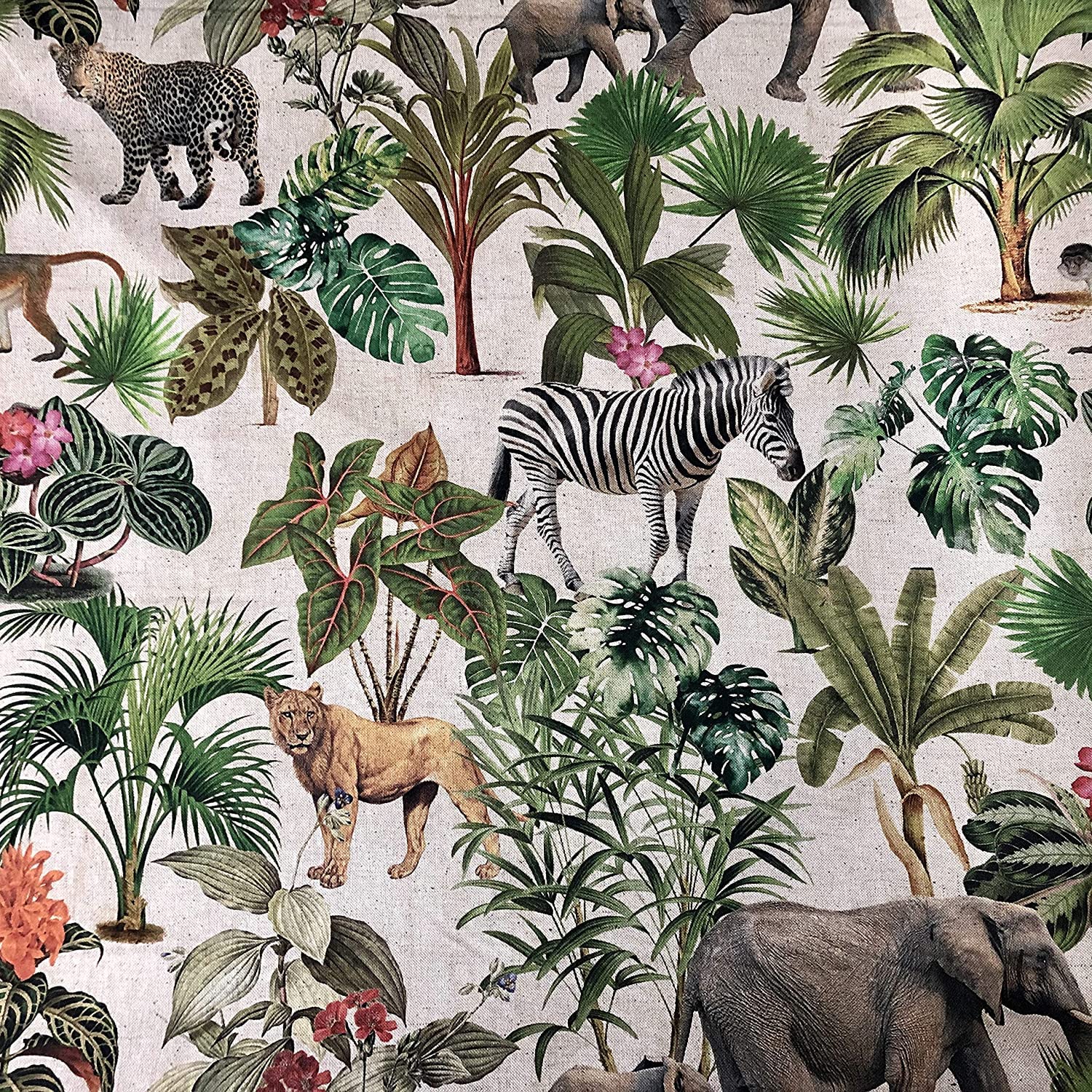LushFabric Safari Zoo African Animal Digital Print Fabric Tropical Jungle Palm Flower Leaf Culla Linen Look Material - 138cm Wide Canvas (2 Metres)