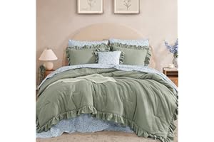 BLOOMHAVEN Queen Comforter Set - 7 Pieces Ruffle Sage Green Bedding Sets, Shabby Chic Farmhouse Bed in a Bag Queen with Ruffle Comforter, Floral Sheets, Pillowcases & Shams