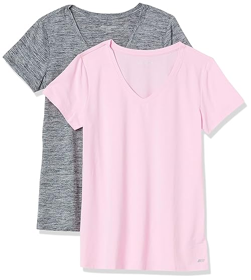 Amazon Essentials Women's Active Quick Dry Tech Stretch Short-Sleeve V-Neck T-Shirt (Available in Plus Size), Pack of 2, Grey Space Dye/Light Pink, Medium