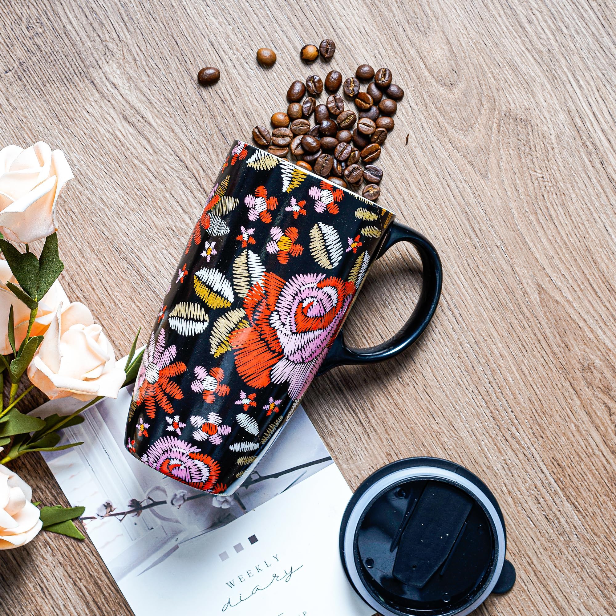 DUSVALLY Coffee Ceramic Mugs Travel Coffee Mug Porcelain Latte Tea Cup with Lid and Gift Box 17oz.Tall Coffee Mug, Rose