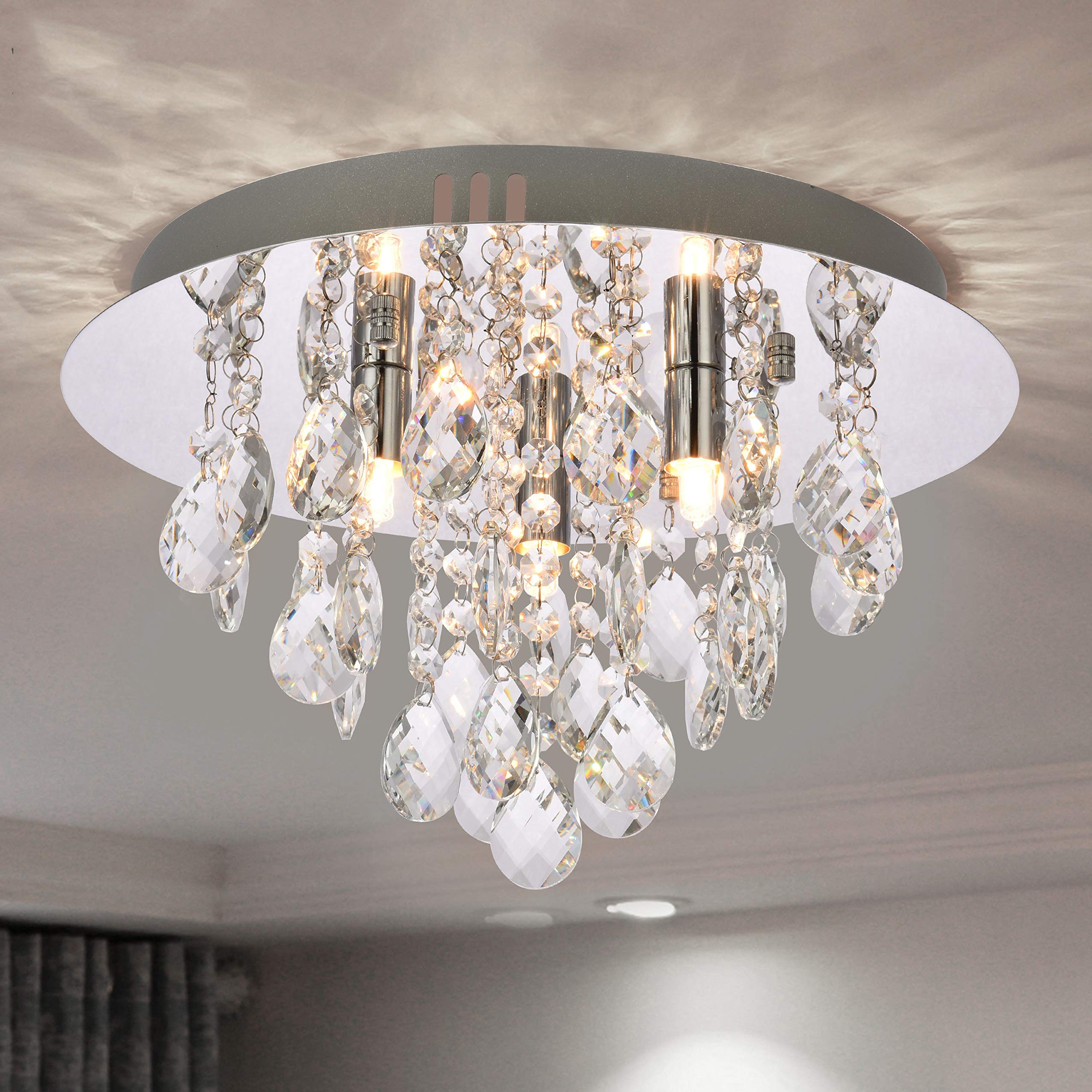 A1A9 Modern Flush Mount Crystal Chandelier, K9 Crystal Droplet Round Chrome Ceiling Lights, Elegant LED Pendant Lamp Fixture for Living Room, Dining Room, Bedroom, Lounge D35cm (3 Lights)