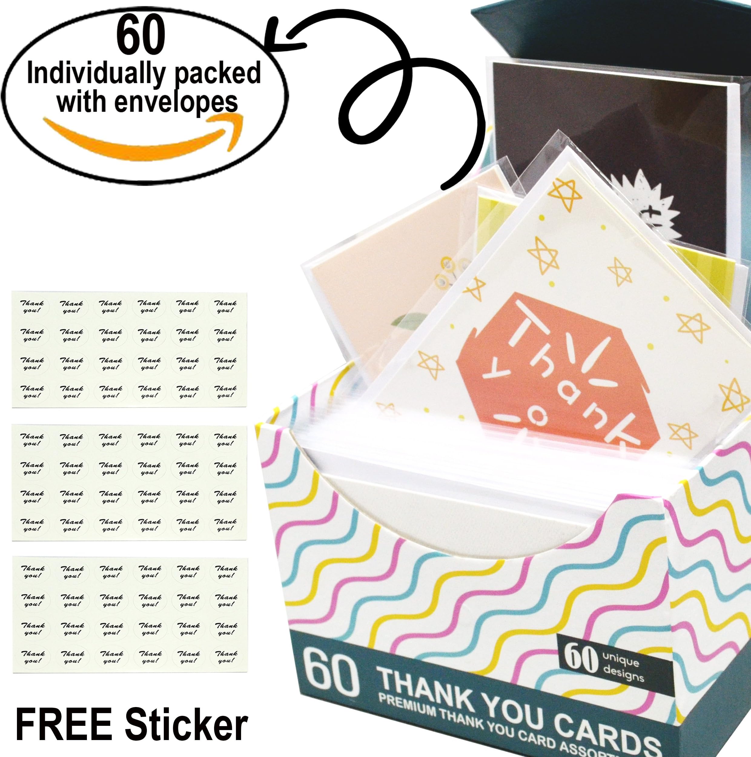 60 Thank You Cards with Envelopes - 60 UNIQUE DESIGNS w/ROSE GOLD EMBELLISHMENTS, BIG 5”x7", Individually Packed in Sturdy Magnetic Box, Various Message Inside, Wedding, Bridal/Baby Shower, Business