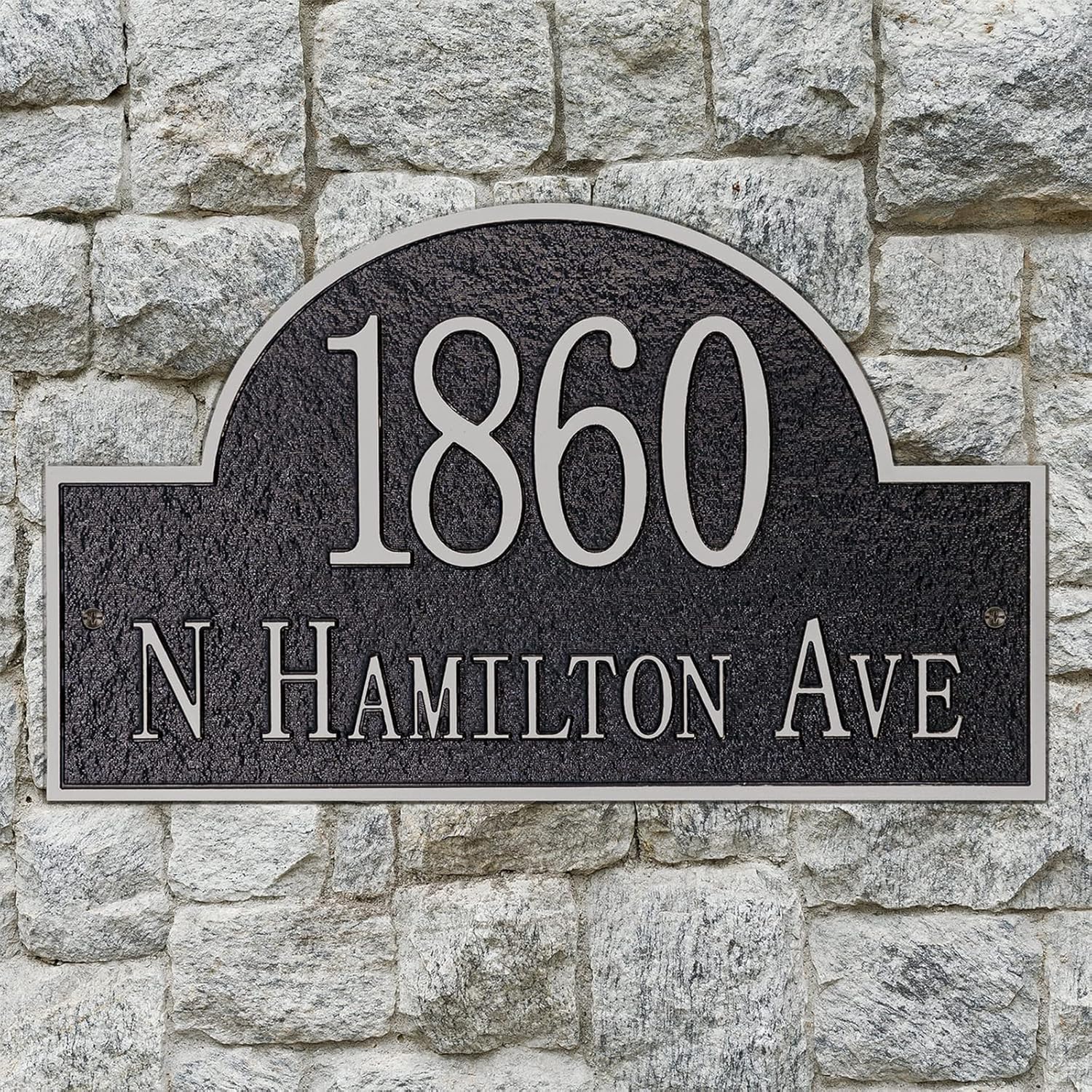 Address Signs - Arch Large Address Plaque for Yard Outside House Sign, House Number Garden Wall Sign, 911 Visibility Signage, Any Font - Any Number and Letters, 13 x 8 inches (Silver)