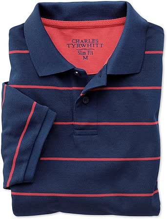 Charles Tyrwhitt Slim Fit Blue and Pink Striped Pique Cotton Polo at Amazon Menâs Clothing store