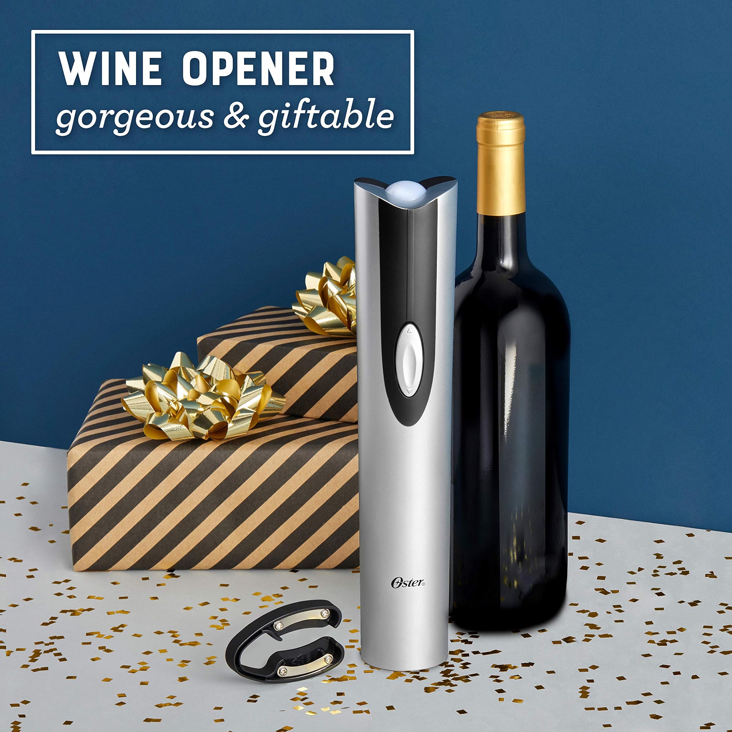 Oster FFP FPSTBW8207-S-AMZ Cordless Electric Wine Bottle Opener with Foil Cutter, Silver, 1 Pack
