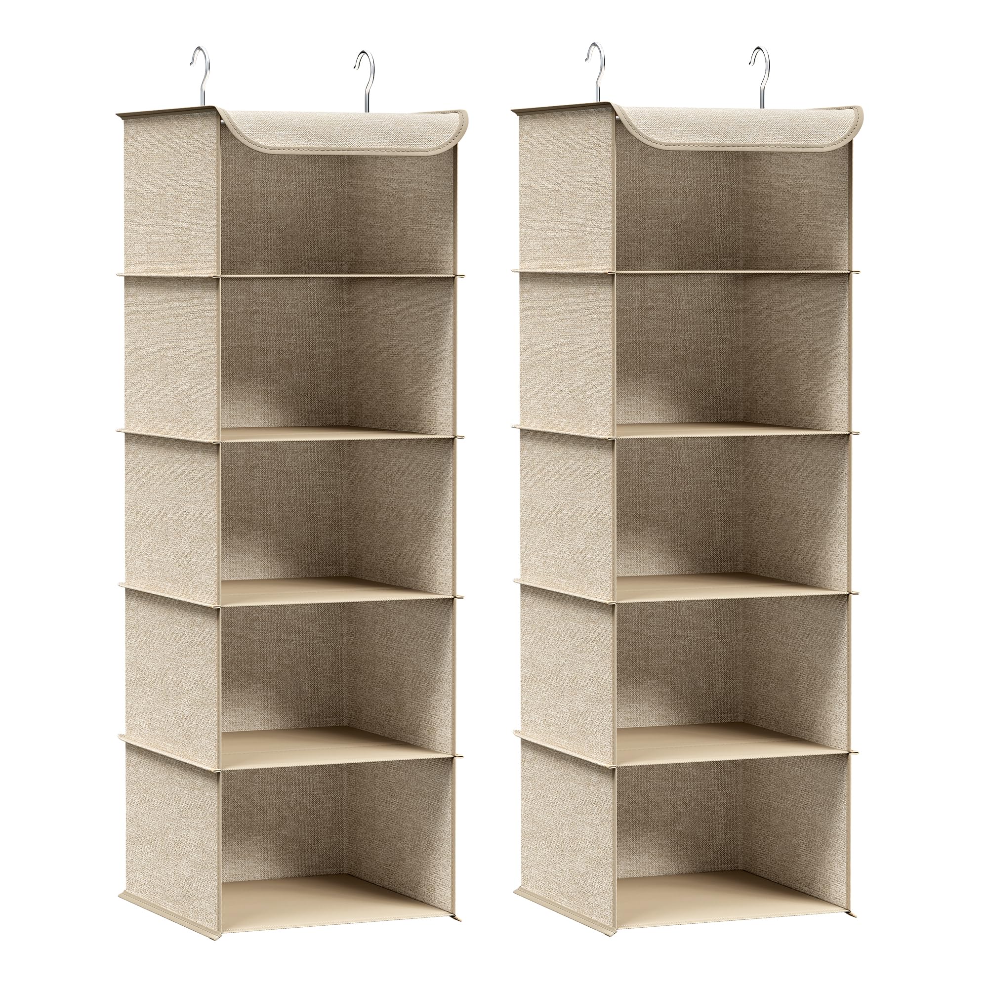 SONGMICS Hanging Wardrobe Storage Organisers, Set of 2, Hanging Storage Shelves, Foldable Wardrobe Clothes Organisers, Space-Saving, Metal Hooks, Bamboo Inserts, Linen Pattern, Sand Beige RCH005Y02