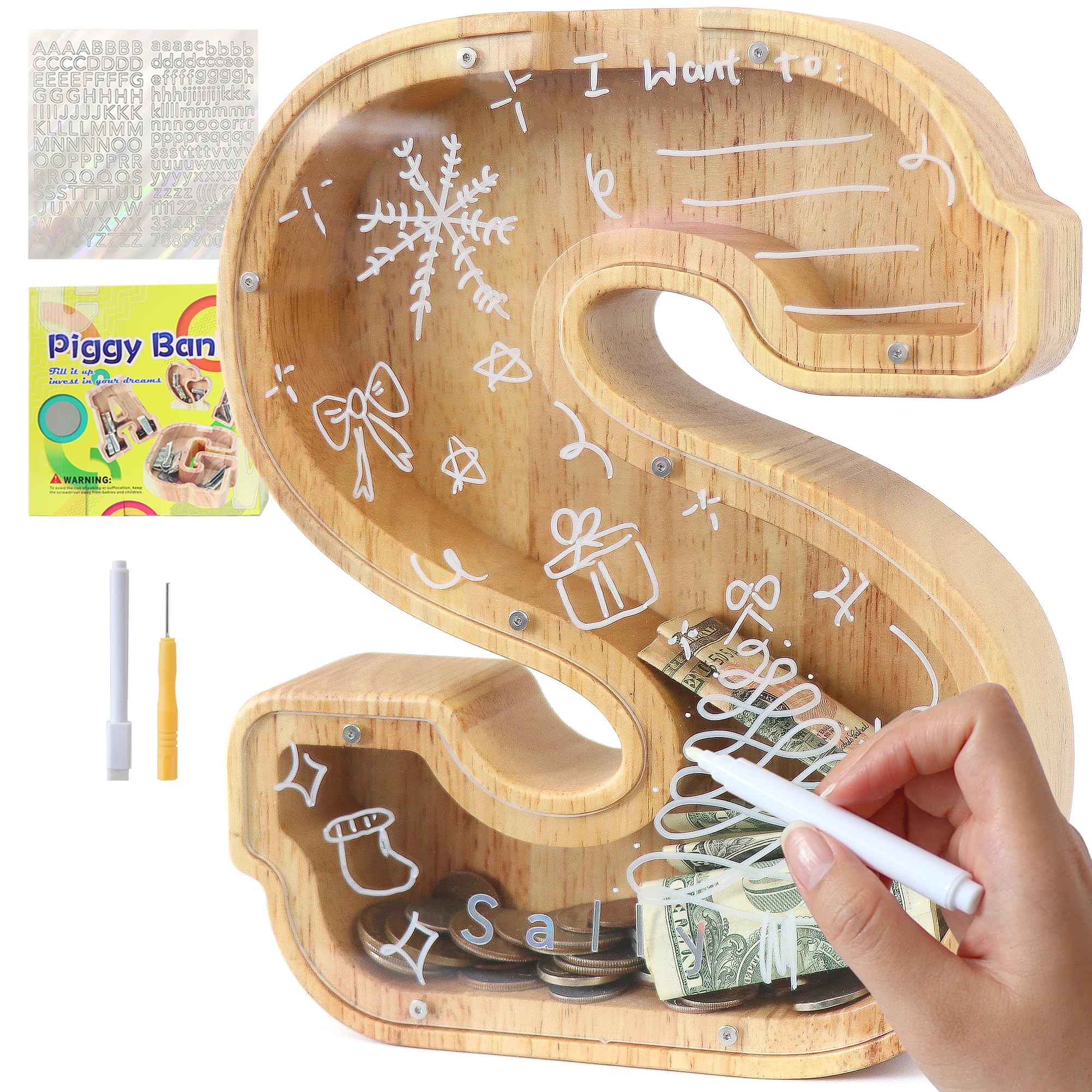 Lakpopya Money Box for Children Boys Girls Piggy Bank Children's Money Box Personalised Transparent Money Box Letter Wooden A-Z with Target Area & Stickers & Markers, Christening Gift Decoration (S)