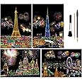 Rainbow Scratch Art Painting Paper (A4) for Kids & Adult, Night View Scratchboard, Engraving Art Set: 4 Sheets Scratch Cards & Drawing Pen, Clean Brush (Eiffel Tower / Big Ben / Burj Khalifa / Moscow)