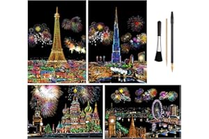 AP ARTSPER Rainbow Scratch Art Painting Paper (A4) for Kids & Adult, Night View Scratchboard, Engraving Art Set: 4 Sheets Scratch Cards & Drawing Pen, Clean Brush (Eiffel Tower / Big Ben / Burj Khalifa / Moscow)