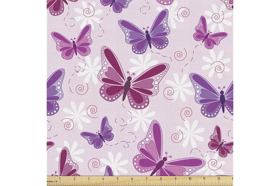 Ambesonne Butterfly Fabric by The Yard, Various Flying Butterflies Colors Hippie Style Print Design, Decorative Fabric for Upholstery and Home Accents, 1 Yard, Purple Pink
