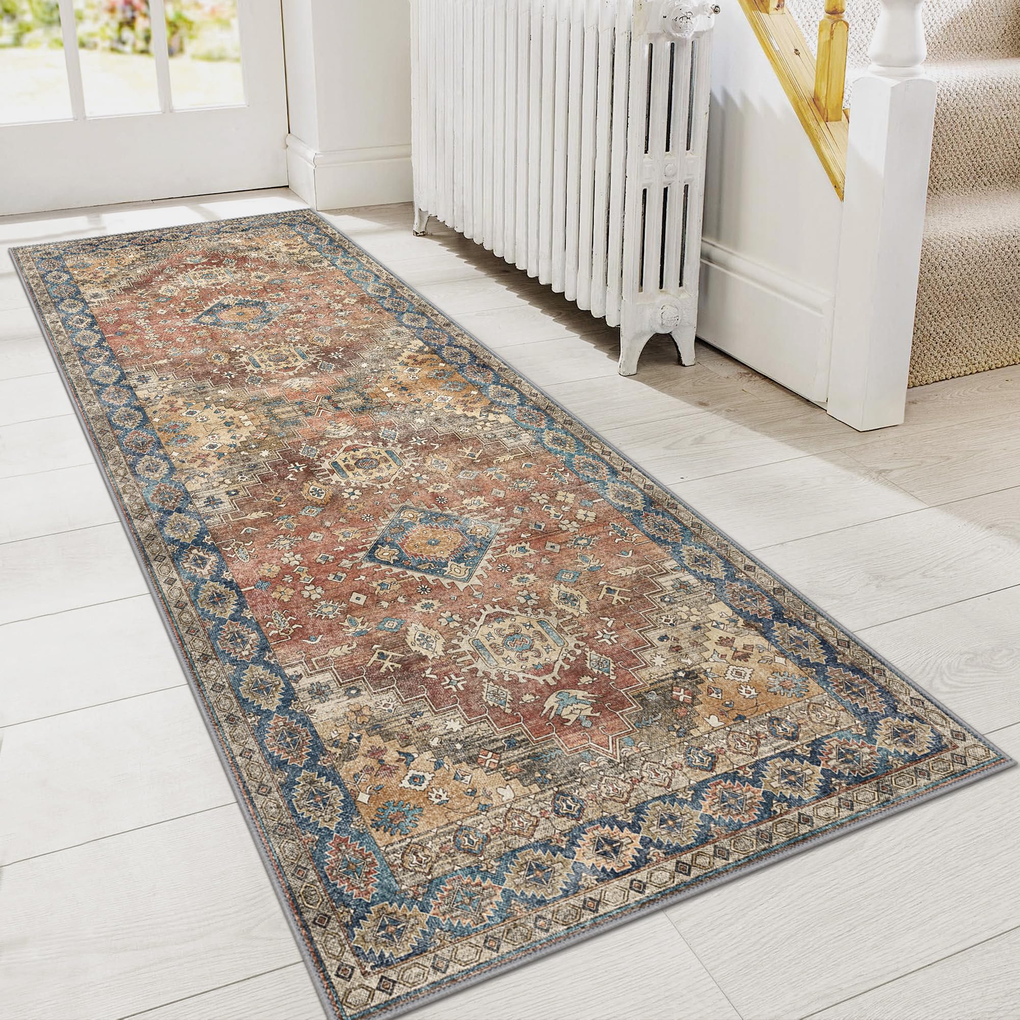 Photo 1 of GENIMO Runner Rug 2x10 Non Slip Machine Washable Vintage Hallway Runner Rug, Low Pile Lightweight Rugs for Entryway, Hallway, Kitchen and Corridor, Antique Red