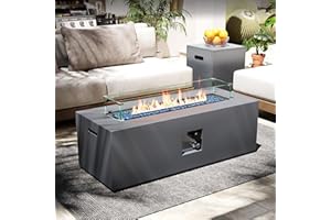 UPHA 42-inch Outdoor Propane Gas Fire Pit Table 50000 BTU Iron Rectangle Firepit for Outside Patio with Tank Hidden Table, Wind Guard, Removable Lid, Blue Glass Rocks, Rain Cover, Grey