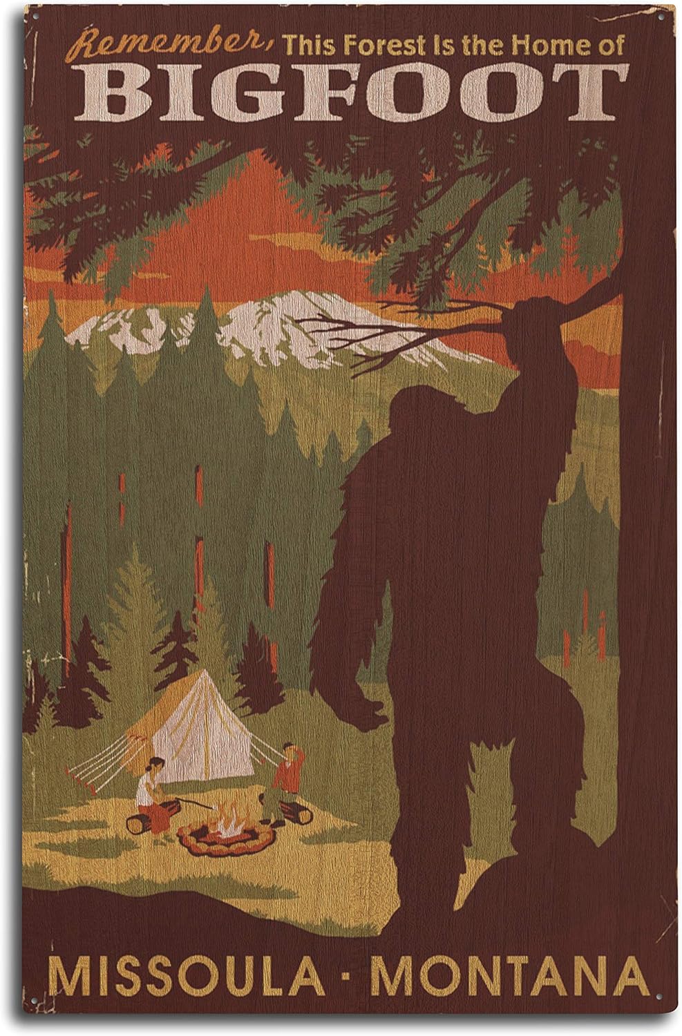 Lantern Press Missoula, Montana - Home of Bigfoot - WPA Style (10x15 Wood Wall Sign, Wall Decor Ready to Hang)
