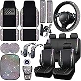 CAR PASS 23 PCS Bling Diamond Car Accessories Set for Women, Leather Car Seat Covers Full Set Sparkly Rhinestone15'' Steering Wheel Covers Shining Diamond Floor Mats Car Interior Sets, Multicolor