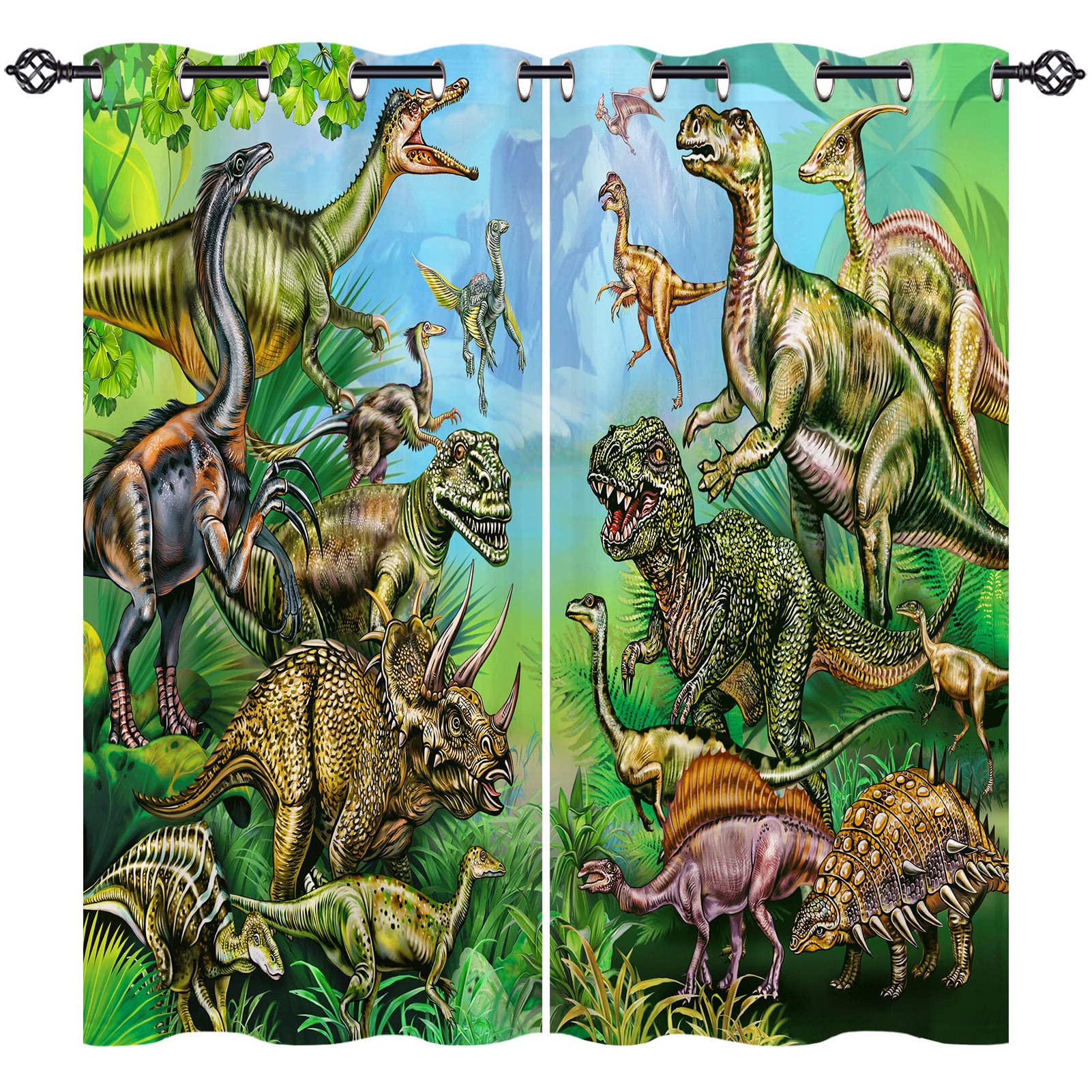 ANHOPE Dinosaur Curtains Eyelet 80% Blackout Room Darkening Curtains with Jungle Animal Dino Print Pattern Light Blocking Window Drapes for Kids Boys Bedroom Living Room 46 x 54 Inch Drop 2 Panels