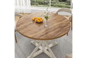 JITEENTAROU Round Wood Dining Table for Kitchen,Dining Room,Living Room,Farmhouse Dinner Tables W/Thickened Brown Wooden Waterproof Tabletop for 4 People,47 inch Rustic Kitchen Table W/Metal Support(Oak)