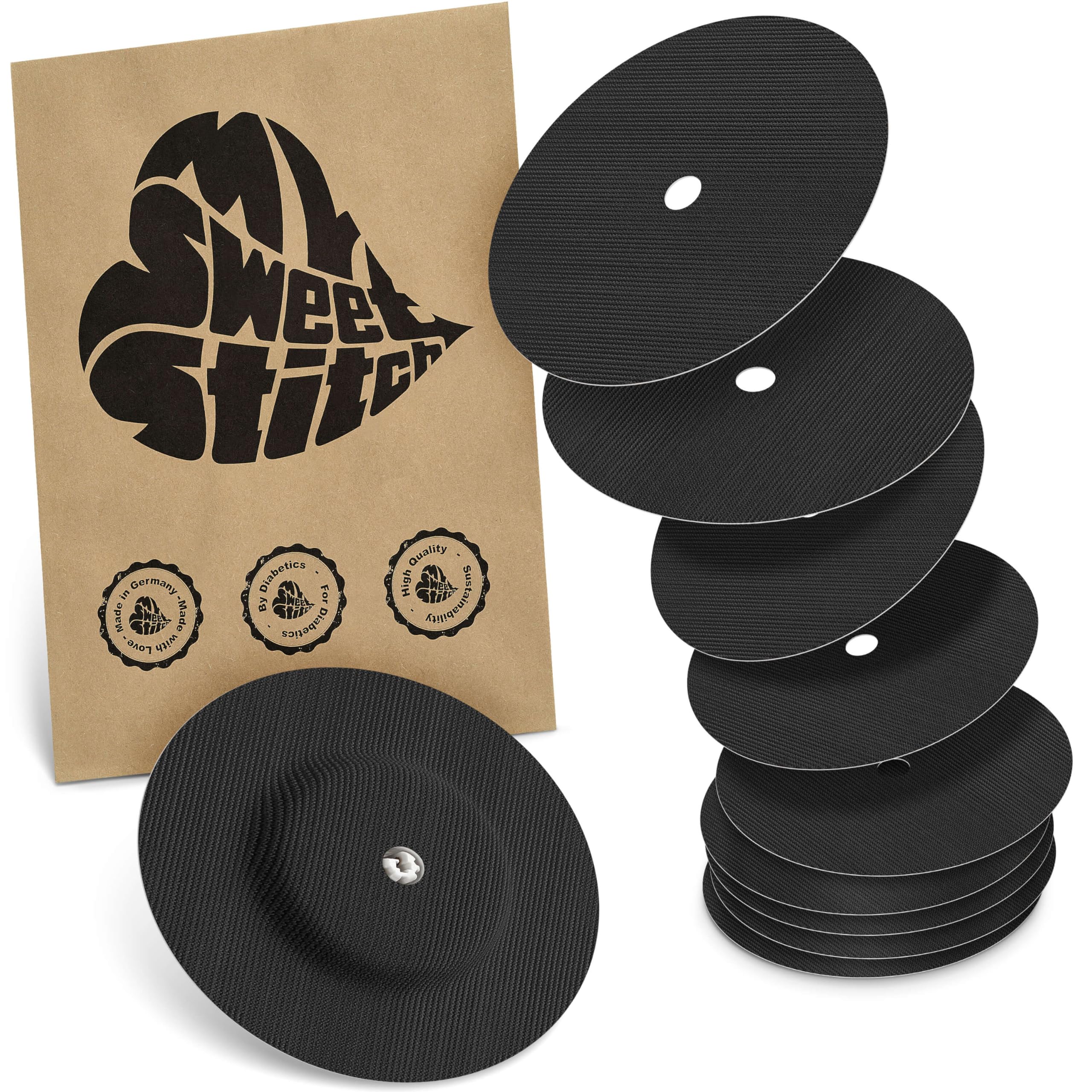 MySweetStitch - 10 x Freestyle Libre 1 & 2 Round Patches with Ventilation Hole, Overpatch Ø 65mm, Waterproof, Breathable, Made in Germany, Black