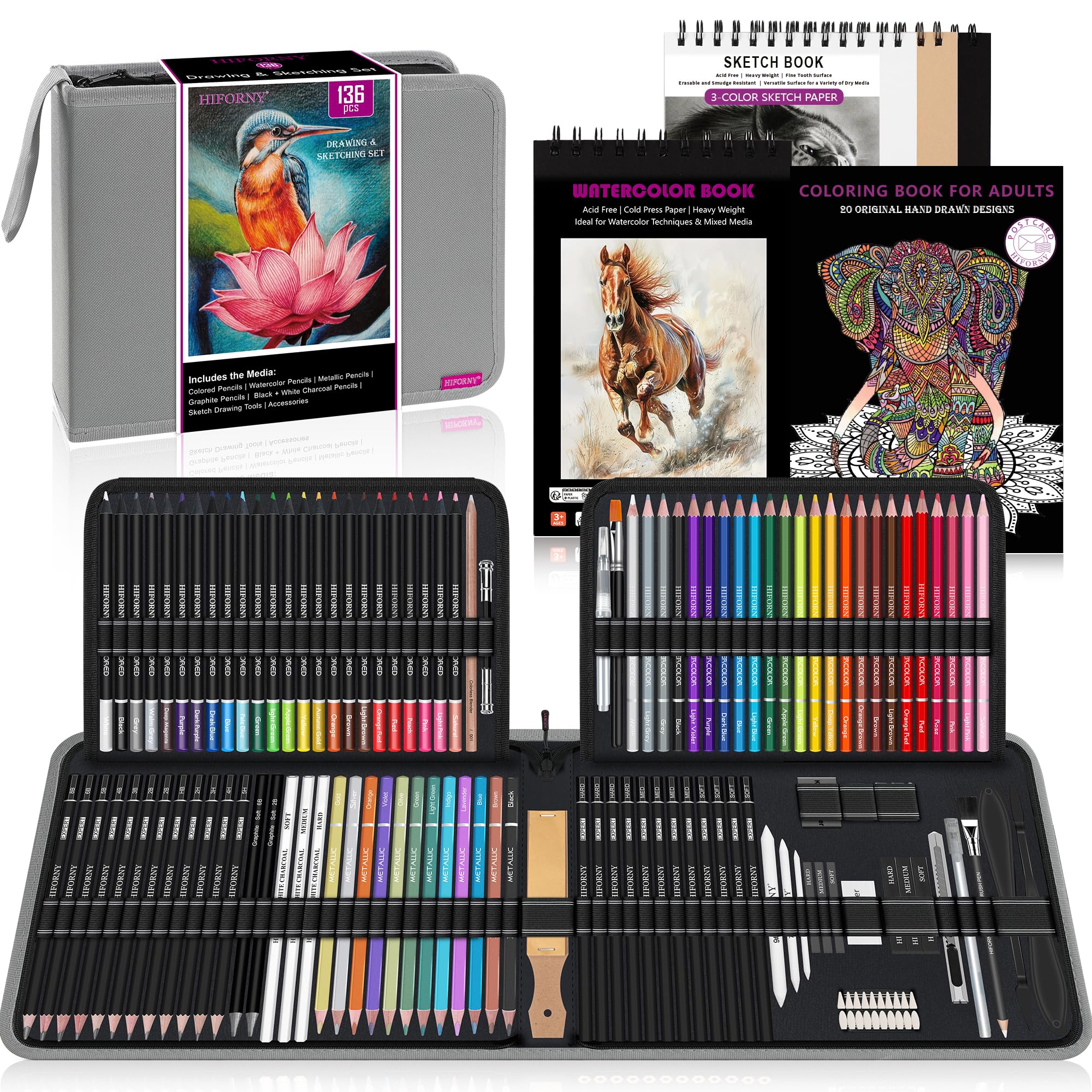HIFORNY 136 PCS Drawing & Sketching Set,Pro Art Supplies with Graphite,Charcoal,Colored,Watercolor,Metallic Pencils,Blending Tools,Sketchbook,Watercolor Book and Coloring Book (Grey)