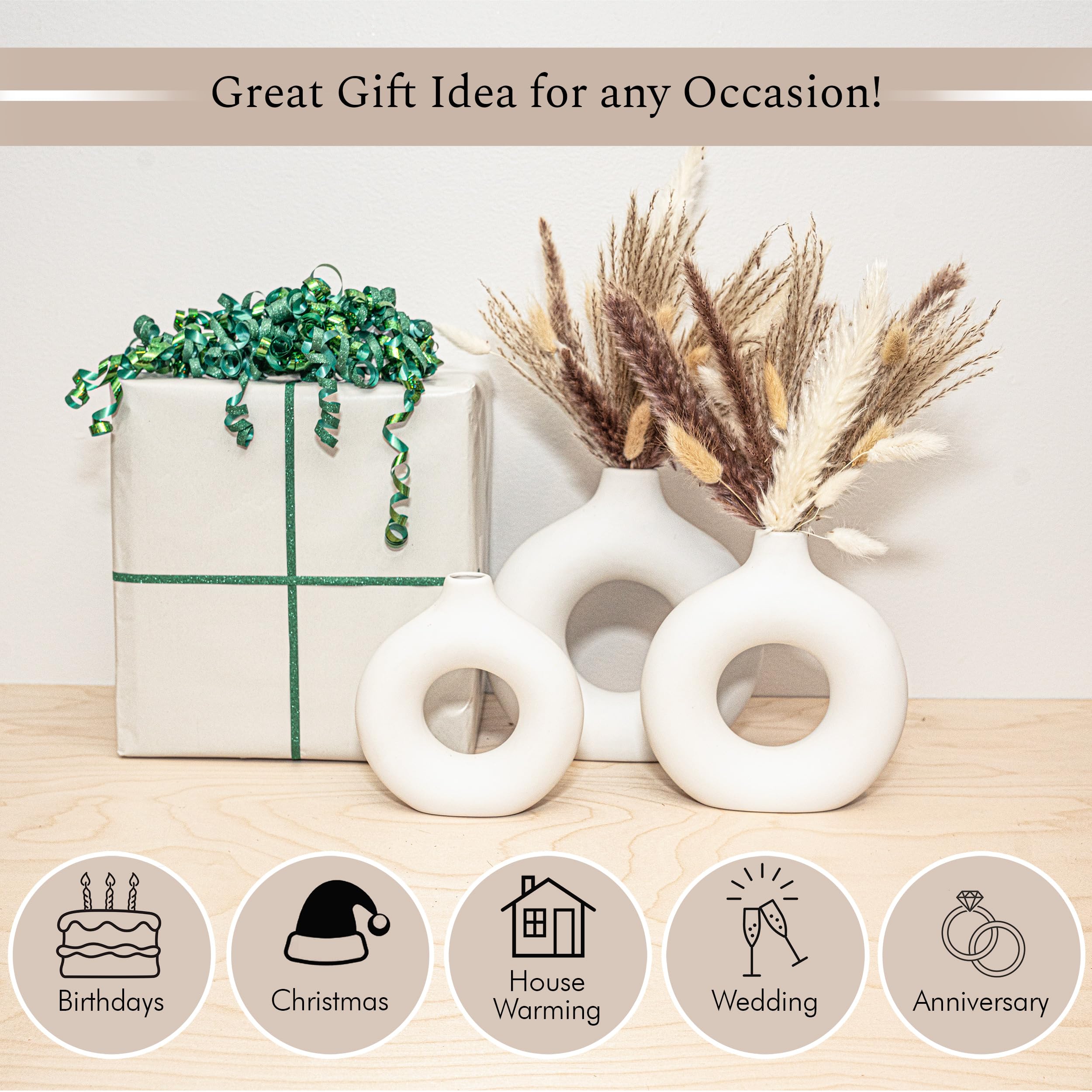 VELOVA Set of 3 White Ceramic Vase with 65 PCS Dried Pampas Grass Flowers Aesthetic Boho Modern Small Round Cute Vases for Decor Living Room Coffee Table Shelf Bedroom Office Desk Home Gifts Women Mom - Image 7