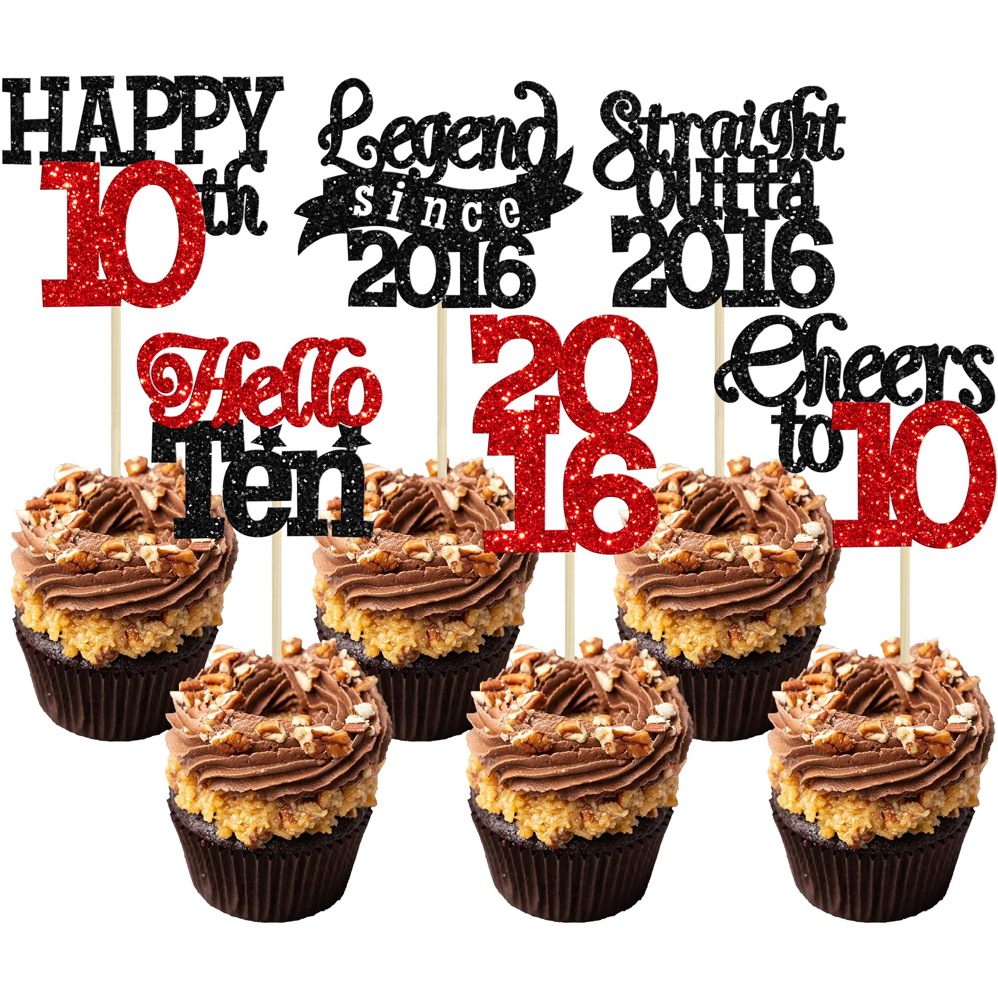 Gyufise 24Pcs Happy 10th Birthday Cupcake Toppers Hello Ten Legend Since 2016 Cupcake Picks Cheers to 10 Years Cake Decorations for 10th Birthday Anniversary Party Decorations Supplies Black Red