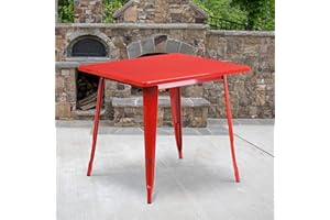 EMMA + OLIVER Commercial Grade 31.5" Square Red Metal Indoor-Outdoor Table