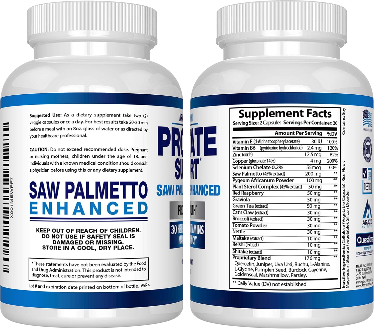 Prostate Supplement - Saw Palmetto + 30 Herbs - Reduce Frequent Urination, Remedy Hair Loss, Stamina – Single Homeopathic Herbal Extract Health Supplements - Capsule or Pill - Arazo Nutrition: Health & Personal Care