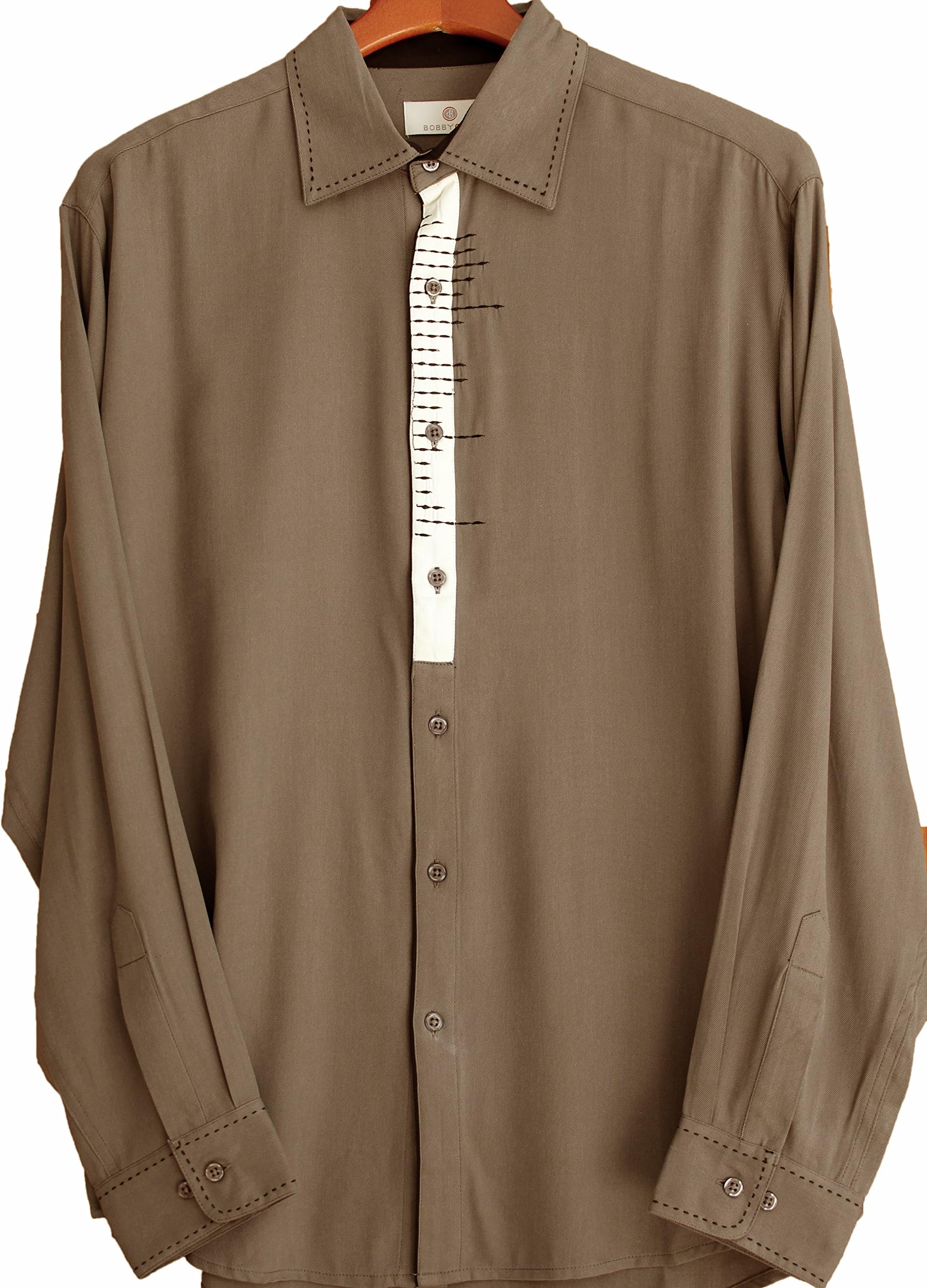 Mens Silk Camp Shirt Button Front Long Sleeve Striped Retro 50s Dress Casual (XL, Taupe)