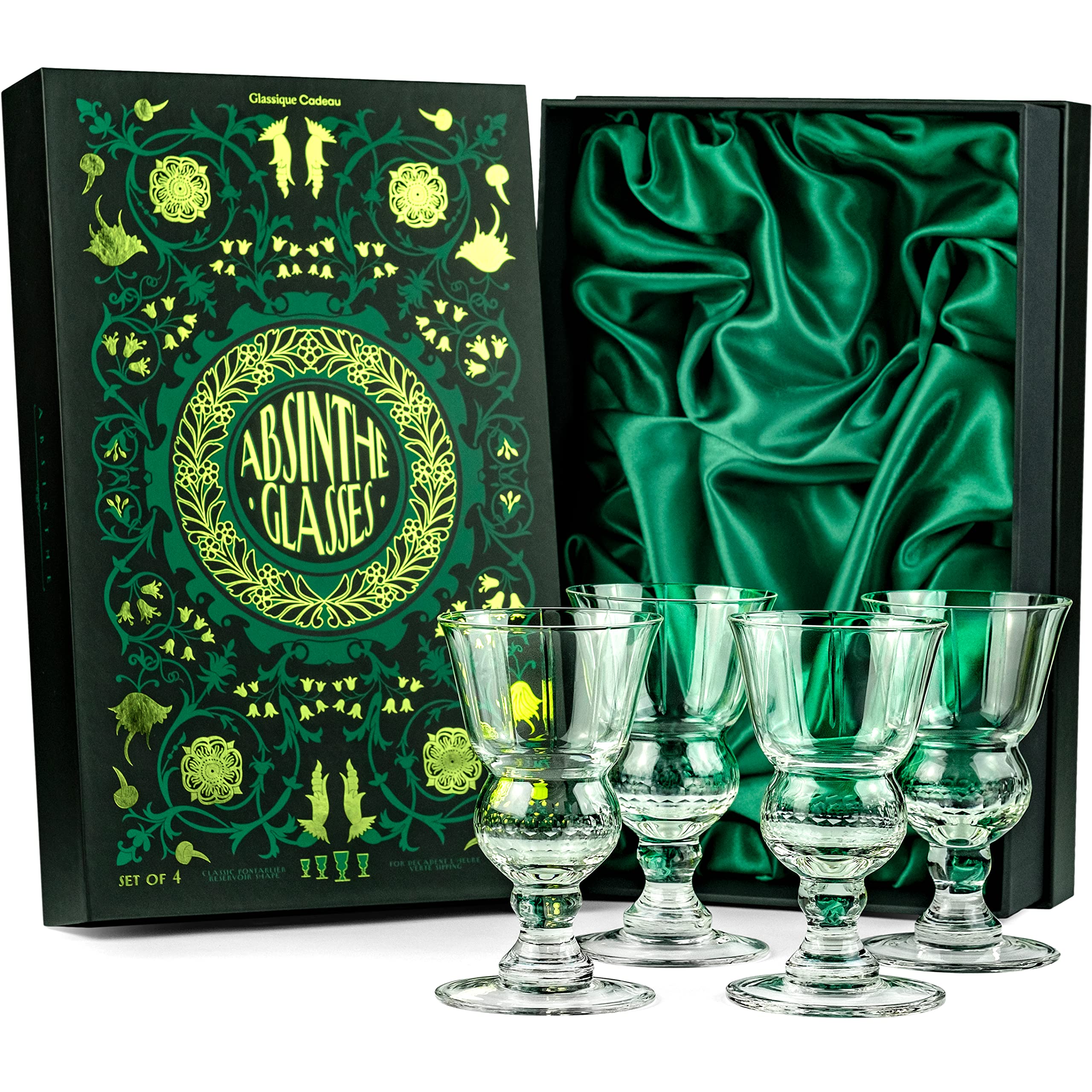 GLASSIQUE CADEAU Vintage Crystal Absinthe, Sambuca, Raki, Pastis, Ouzo Glasses | Set of 4 | Short Stemmed 200 ml Goblets with Bubble Reservoir for Drinking Green Fairy