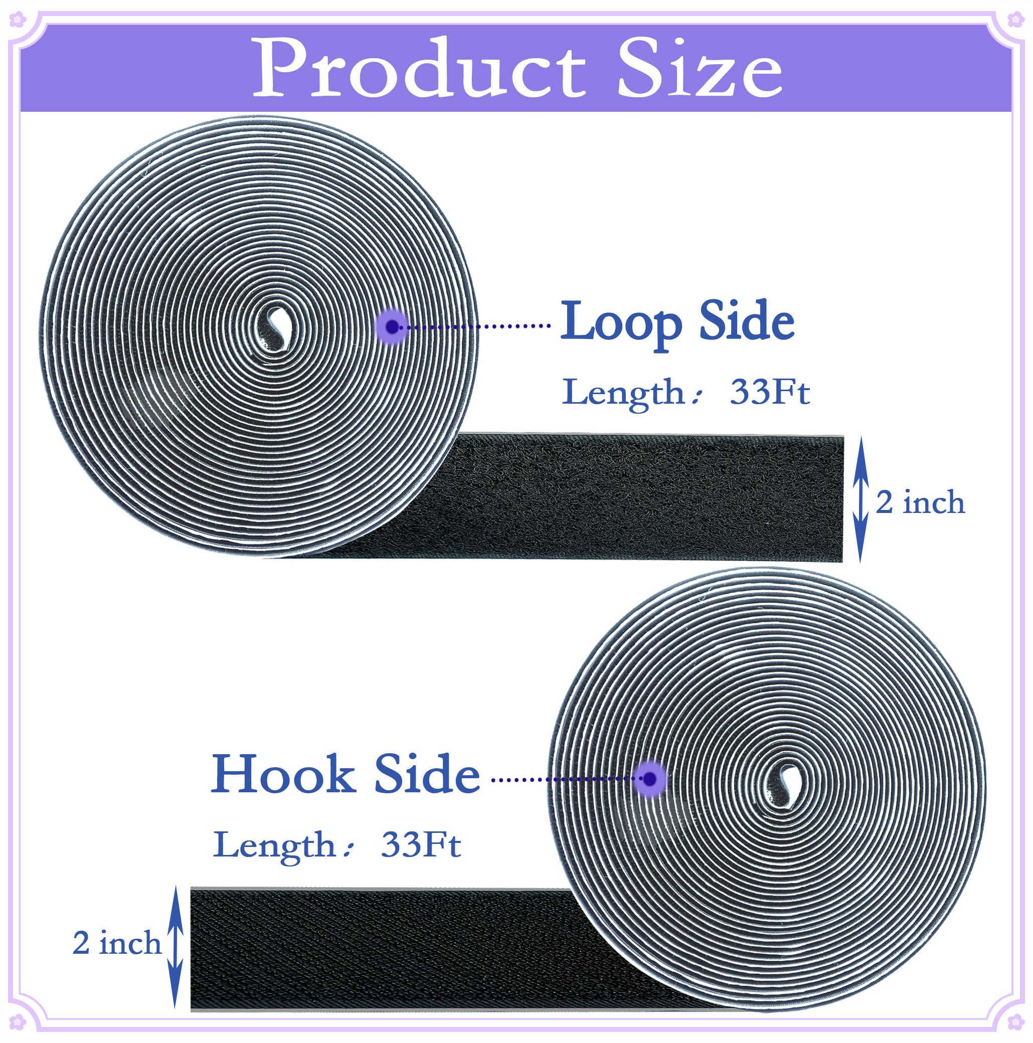 2 Inch x33 Feet Adhesive Hook and Loop Tape,Nylon Heavy Duty Tape Fasteners,Black Double Sided Self Adhesive Interlocking Tape Can Be Used to Fix Screen Window Sofa Cushions Carpet Wall Hanging