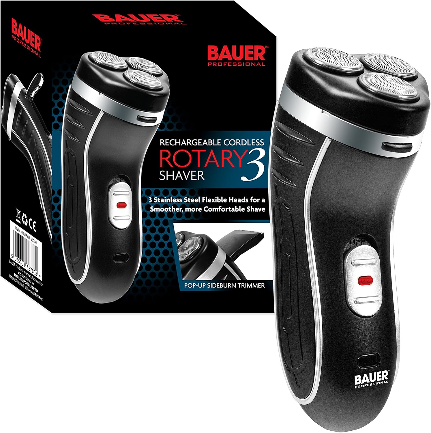 Bauer Professional 38780 Men’s Electric Shaver/Three Flexible Rotary Heads/Ergonomic Grip/Pop-Up Sideburn Trimmer/Cordless & Rechargeable/Head