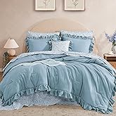 BLOOMHAVEN Queen Comforter Set - 7 Pieces Ruffle Blue Bedding Sets, Shabby Chic Farmhouse Bed in a Bag Queen with Ruffle Comforter, Floral Sheets, Pillowcases & Shams