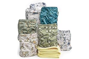 Kinder Cloth Diapers Set of 5 Reusable Baby Diapers Pocket Style Athletic Wicking Jersey, Bamboo Viscose Inserts, Wet Bag, Newborn to Potty Training 7-60lbs, One Size (Great Outdoors)