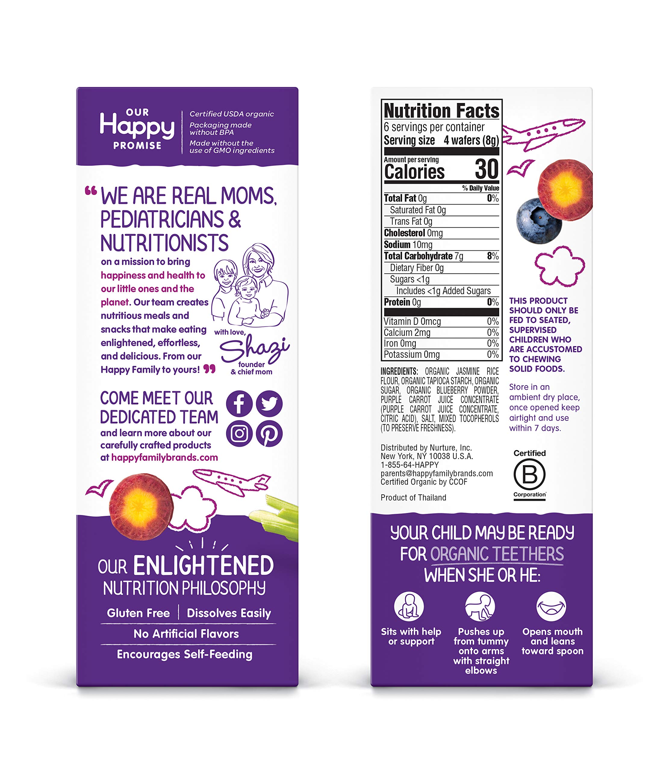 Happy Baby Gentle Teethers Organic Teething Wafers Blueberry Purple Carrot, 0.14 Ounce Packets (Box of 12) Soothing Rice Cookies for Teething Babies Dissolves Easily, Gluten Free No Artificial Flavor