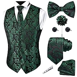 GUSLESON Mens Green Vest Tie and Bow Tie Set Formal