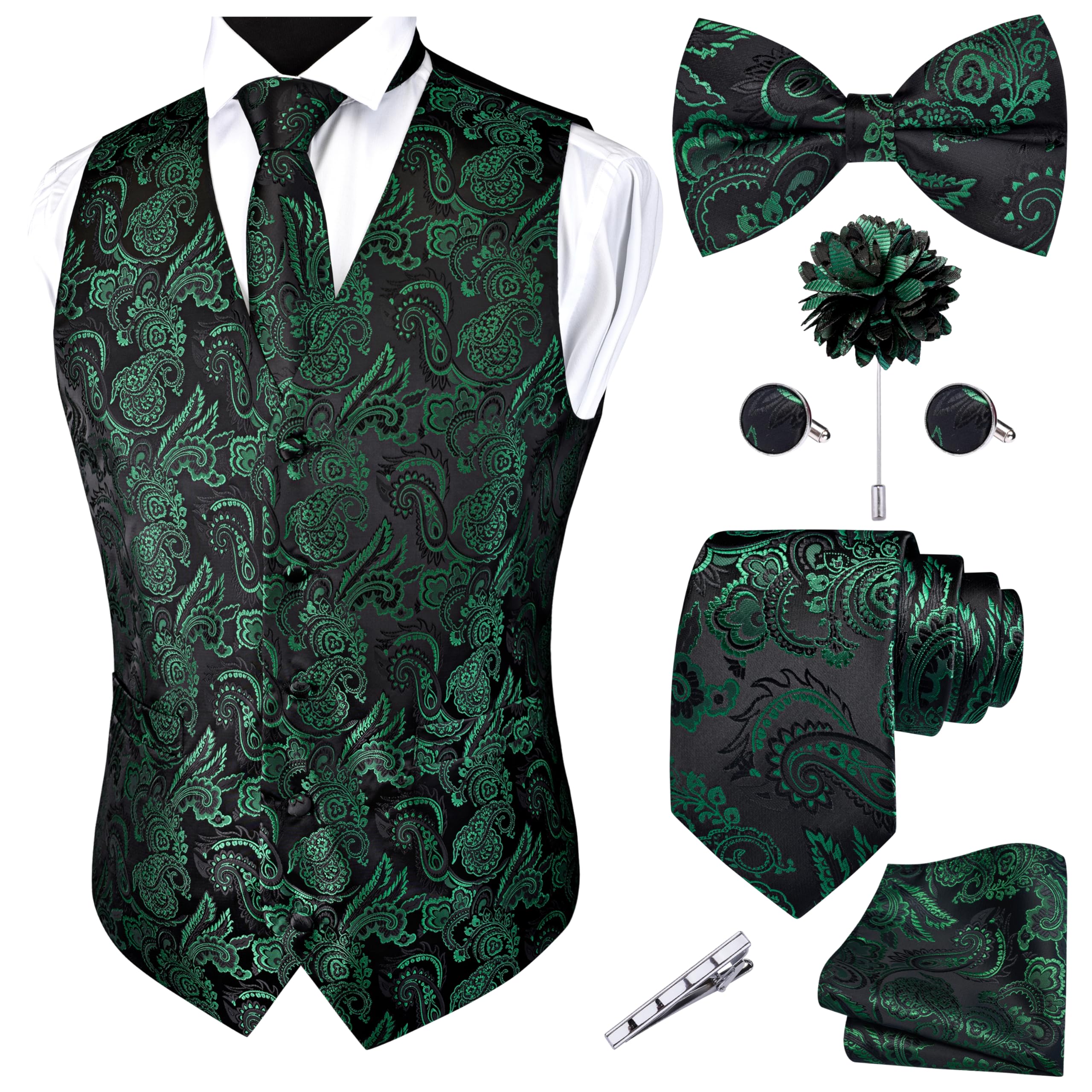 GUSLESON Mens Green Vest Tie and Bow Tie Set Formal