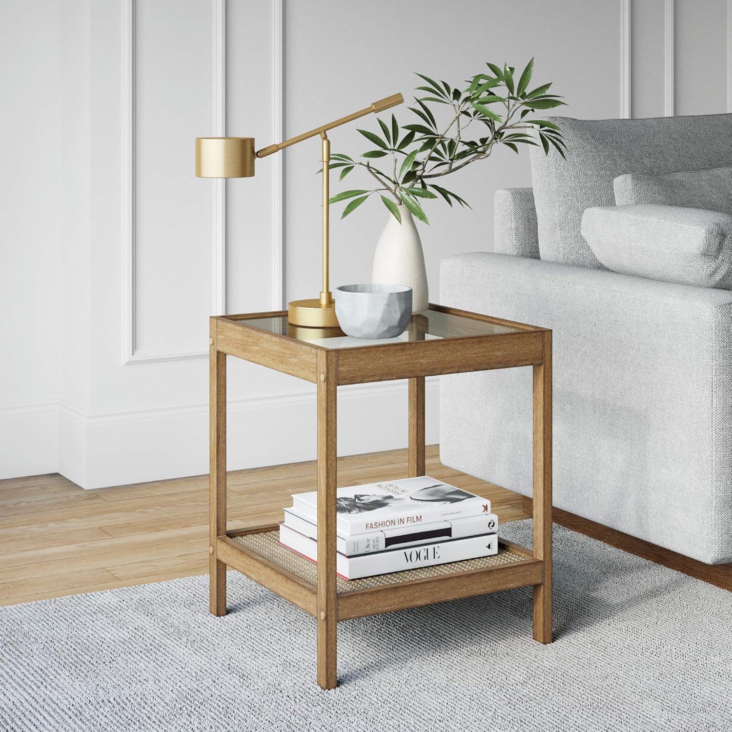 Nathan James Hayes Solid Wood Nightstand, Bedside, End or Side Table Glass Top with Open Storage Shelf, Light Brown: Kitchen & Dining