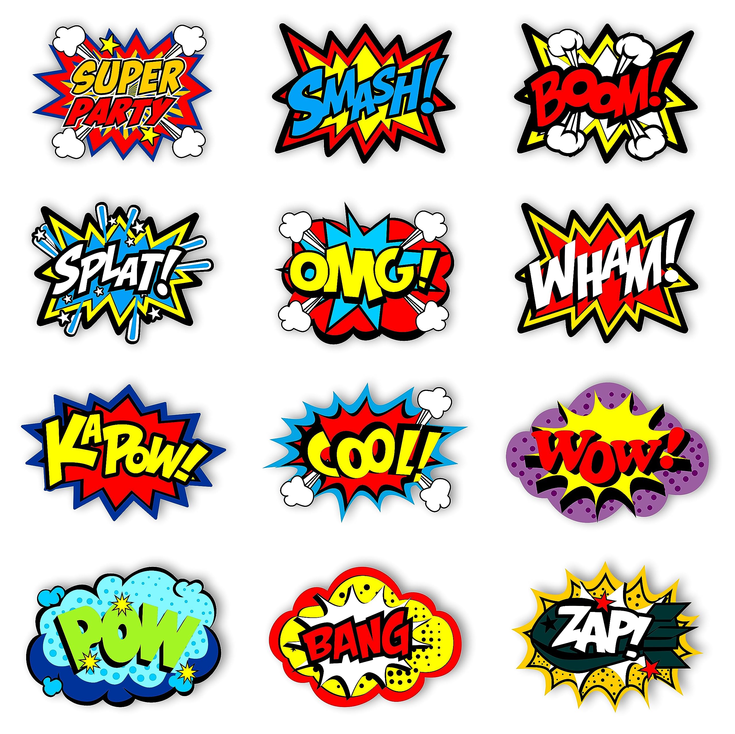 Photo 1 of 12 Pcs Supr Hero's Comic Word Cutouts – Pow Zap Boom Wall Decorations for Birthday Party, Classroom, or Photo Booth – Super Hero Theme Supplies for Boys Party or Event Backdrop Decor