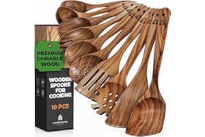 Wooden Spoons for Cooking, Kitchen Utensil Set, 10 Pcs Cooking Utensils Set for Nonstick Pans & Cookware – Study Teak Wood, L