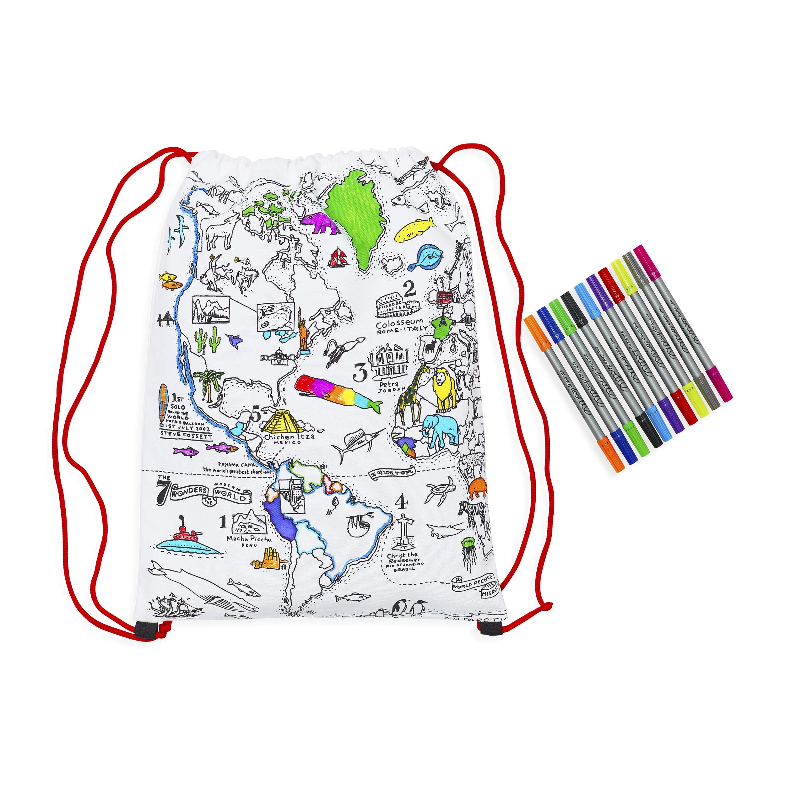 eatsleepdoodle World Map Drawstring Backpack - Colour Your Own Map Backpack - educational fun geography learning Colouring Bag with Wash out felt tip fabric pens