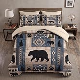 WeCozy Full Comforter Set with Sheets, 7 Pieces Bear Cabin Bedding | Bed in A Bag for All Season, Rustic Mountain Aztec 2 Pillowcases & 2 Shams for Kids and Adults