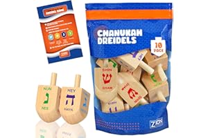 ZION JUDAICA LTD Zion Judaica 10 Pack Wood Dreidels for Hanukkah with Dreidel Game Guide in a Reusable Zip Lock Bag Medium Size Bulk Pack Wooden Chanukah Driedels with Letters and English Transliteration