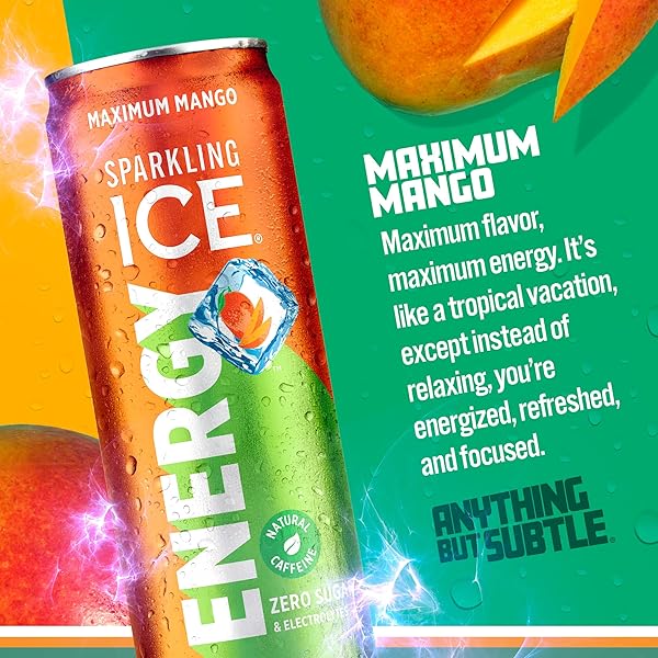 SPARKLING ICE ENERGY MAXIMUM MANGO 12PK. ENERGY DRINKS WITH VITAMINS + ANTIOXIDANTS, ZERO SUGAR. 12 FL OZ CANS.