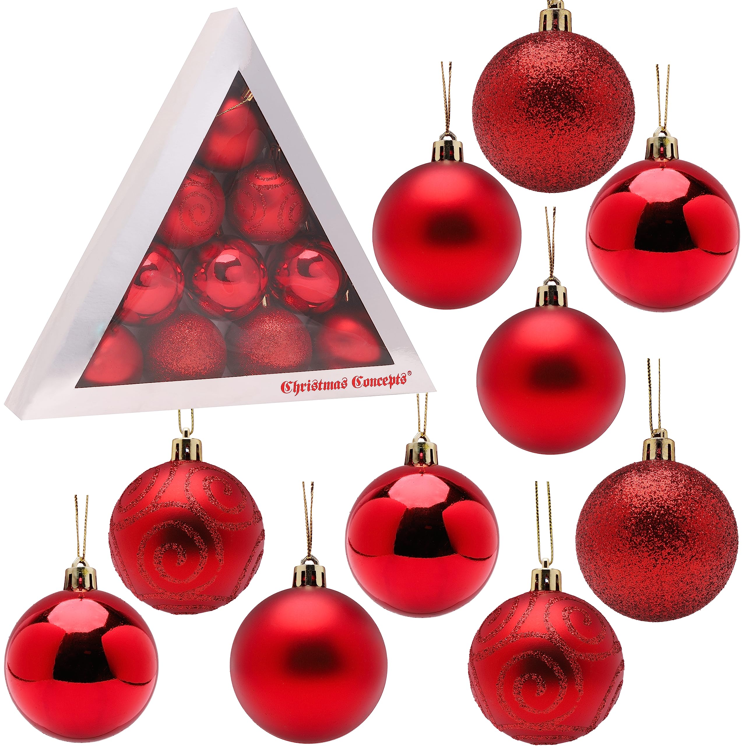 Christmas Concepts® Pack of 10-60mm (2.4") Christmas Tree Baubles - Shiny, Matte & Glitter Decorated Baubles (Red)