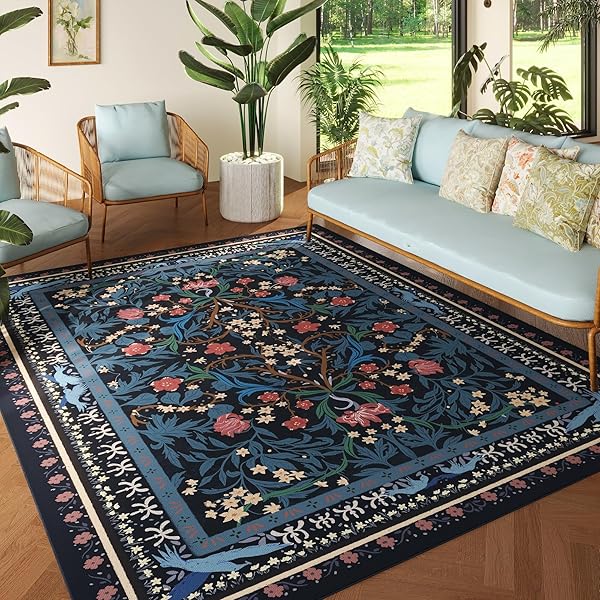 VOWKTEN AREA RUGS 8X10 FOR LIVING ROOM CLEARANCE WASHABLE VINTAGE FLORAL BOTANICAL RUG NON SLIP LOW PILE LARGE RUG FOR BEDROOM, FARMHOUSE, DINING ROOM, KIDS PLAYROOM, BLUE