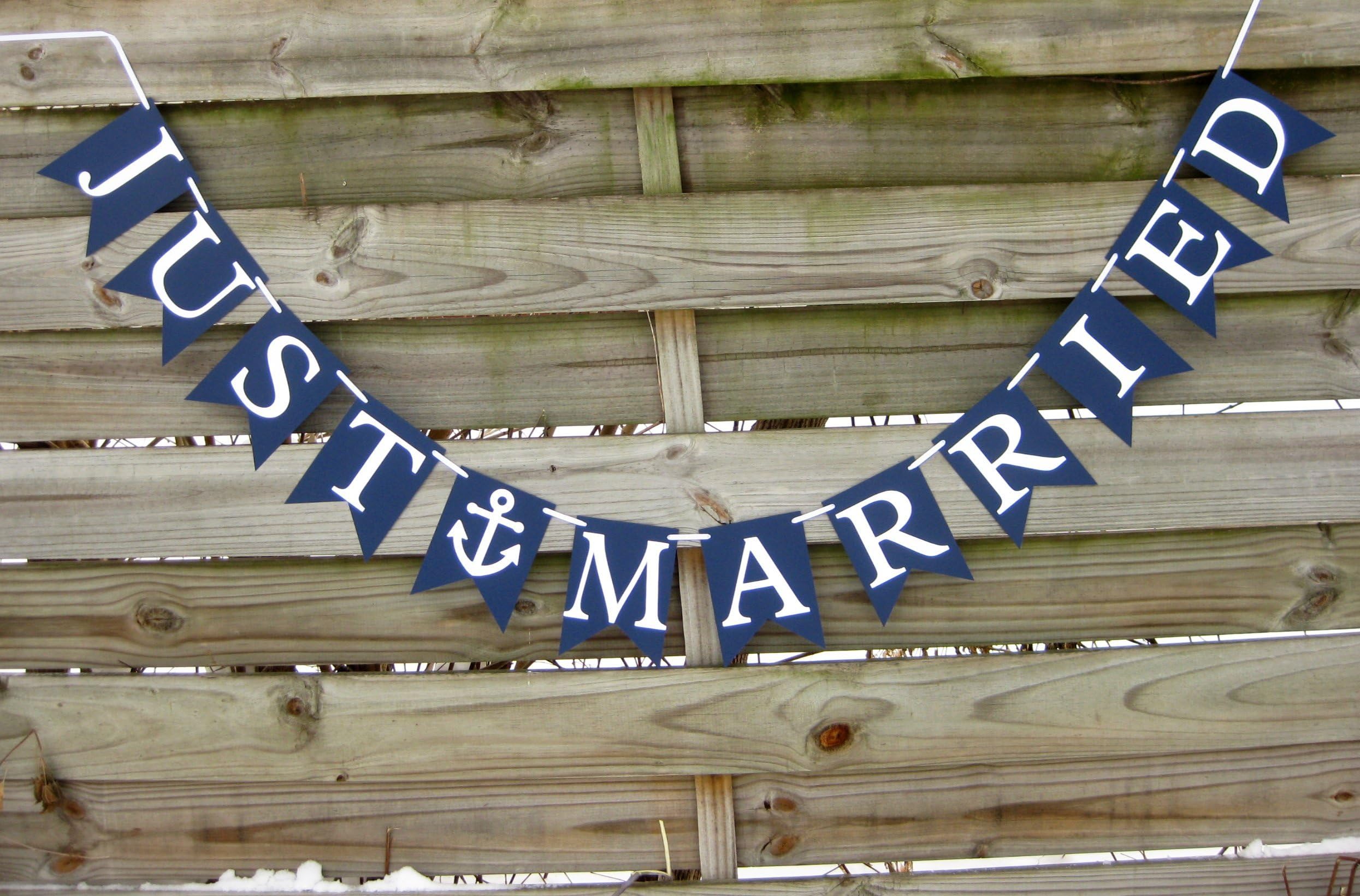 Just Married banner - Navy and White Wedding Decoration with Anchor