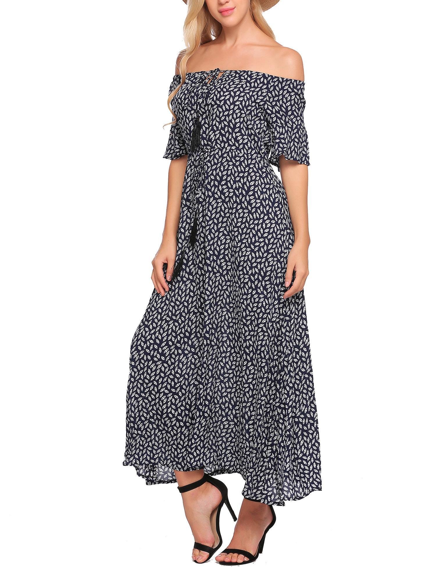 Zeagoo Women Boho Off the Shoulder Floral Print Casual Swing Maxi Dress Navy blue S