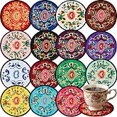 Boao 16 Pcs Embroidered Cloth Coasters Round Mexican Boho Floral | 5.12 Inch Silk Fabric, Absorbent Non-scratch Cup Mats, Vintage Embroidery Home Decor, Mexico Souvenir Gift, Mixed Colors